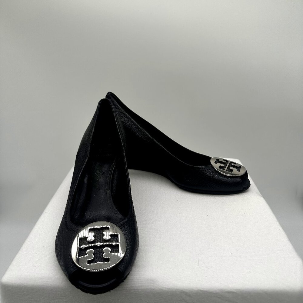 Tory Burch Black and Silver Logo Wedges Women's 10